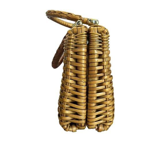 Vintage Lucky Bag Turn Lock Wicker Purse Leather Trim Heart Boho Fabric Lined - Picture 4 of 10